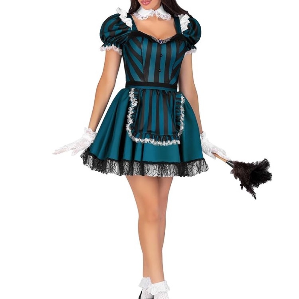 Leg Avenue Teal and Black Striped Maid Costume